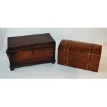 A mahogany tea caddy with hinged lid and lion mask handles, 27cm wide and another inlaid tea