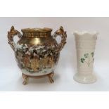 A Satsuma pot decorated with Geishas, later cover and a Belleek vase Condition Report: Available