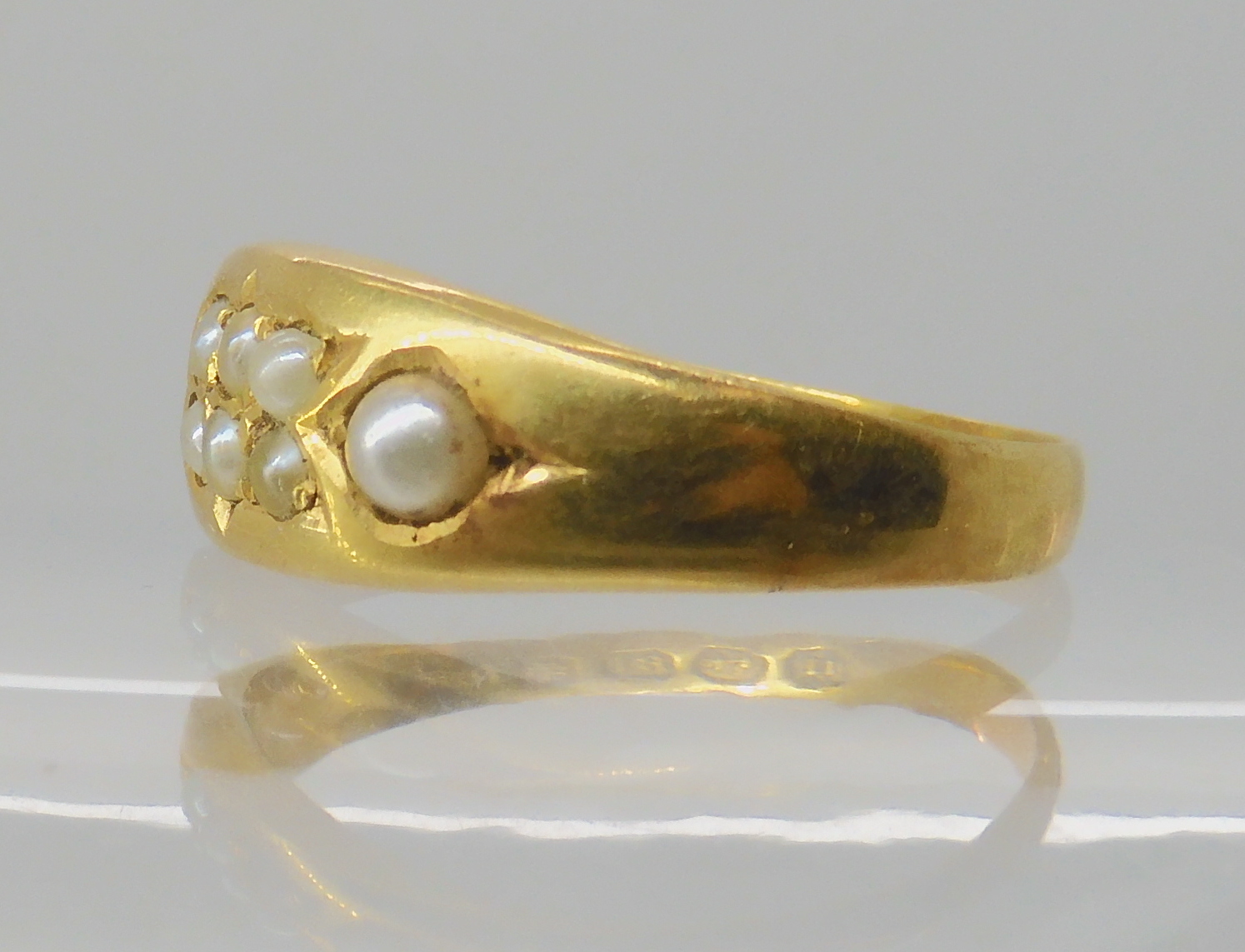 A Victorian 18ct gold pearl set ring, hallmarked Birmingham 1887, (one pearl missing) size P, weight - Image 3 of 3