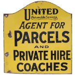 Bus motoring double sided enamel UNITED AUTOMOBILE SERVICES LTD AGENT FOR PARCELS AND PRIVATE HIRE