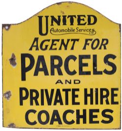 Bus motoring double sided enamel UNITED AUTOMOBILE SERVICES LTD AGENT FOR PARCELS AND PRIVATE HIRE