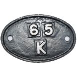 Shedplate 65K Polmont 1960-1964 with clear District Engineer casting details in the rear. Face