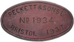 Worksplate PECKETT & SONS LTD BRISTOL No 1934 1937 ex 0-4-0 ST supplied new to Barrow Haematite