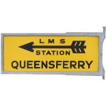 LMS station direction sign LMS STATION QUEENSFERRY. Double sided and complete with its original cast