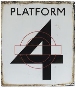 London Transport Underground enamel sign PLATFORM 4. An early sign with the stylized bullseye logo