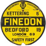 Motoring enamel sign AUTOMOBILE ASSOCIATION FINEDON KETTERING 6 BEDFORD 19 LONDON 69 SAFETY FIRST.