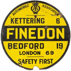 Motoring enamel sign AUTOMOBILE ASSOCIATION FINEDON KETTERING 6 BEDFORD 19 LONDON 69 SAFETY FIRST.