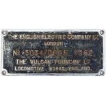 Worksplate THE ENGLISH ELECTRIC CO LTD VULCAN WORKS NEWTON-LE-WILLOWS ENGLAND No 3034/ D696 1962