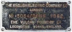 Worksplate THE ENGLISH ELECTRIC CO LTD VULCAN WORKS NEWTON-LE-WILLOWS ENGLAND No 3034/ D696 1962