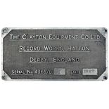 Works Bogie plate THE CLAYTON EQUIPMENT CO LTD RECORD WORKS HATTON DERBY ENGLAND SERIAL NO 4365/B2