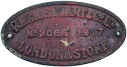 Worksplate KERR, STUART & CO LTD LONDON & STOKE No 3066 1917 ex 0-6-0 T supplied new to the Inland