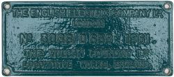 Worksplate THE ENGLISH ELECTRIC COMPANY LTD LONDON THE VULCAN FOUNDRY LTD LOCOMOTIVE WORKS ENGLAND