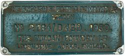 Worksplate THE ENGLISH ELECTRIC COMPANY LTD LONDON THE VULCAN FOUNDRY LTD LOCOMOTIVE WORKS ENGLAND