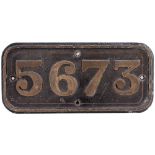 GWR cast iron cabside numberplate 5673 ex Collett 0-6-2 T built at Swindon in 1926. Allocations