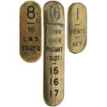 GWR brass Signal Lever Leads x3 to include; 8- TO L.M.S. START'G, 1- POINTS KEY, 18- DOWN MAIN