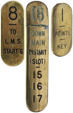 GWR brass Signal Lever Leads x3 to include; 8- TO L.M.S. START'G, 1- POINTS KEY, 18- DOWN MAIN