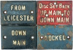 LNWR cast iron signal lever leads x4; FROM LEICESTER, DOWN MAIN, LOCKED and DISC SET BACK UP MAIN TO