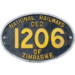 Zimbabwe Railways cast aluminium cabside numberplate NATIONAL RAILWAYS OF ZIMBABWE DE2 1206 ex