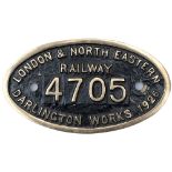 Worksplate LONDON & NORTH EASTERN RAILWAY DARLINGTON WORKS 1926 4705 ex Gresley J39 0-6-0 originally