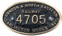 Worksplate LONDON & NORTH EASTERN RAILWAY DARLINGTON WORKS 1926 4705 ex Gresley J39 0-6-0 originally