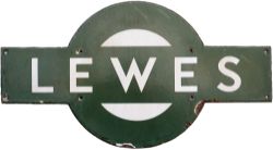 Southern Railway enamel target station sign LEWES from the former London Brighton & South Coast