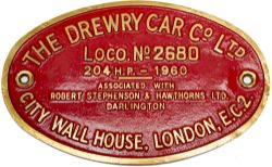 Worksplate THE DREWRY CAR CO LTD CITY WALL HOUSE LONDON EC2 ASSOCIATED WITH ROBERT STEPHENSON &