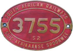 South African Railways brass cabside numberplate 3755 S2 ex 0-8-0 built by Friedrich Krupp AG in