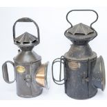 A pair of North Eastern Railway 3 aspect single pie crust handlamps, both have NER oval brass plates