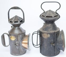 A pair of North Eastern Railway 3 aspect single pie crust handlamps, both have NER oval brass plates