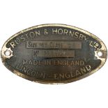 Worksplate RUSTON & HORNSBY LTD LINCOLN ENGLAND SIZE 165 CLASS DE No 395295 ex 0-4-0 DE numbered DE1