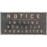 Midland Railway sign NOTICE SMOKING STRICTLY PROHIBITED. Wood with cast iron letters measures 37.5in