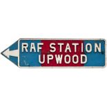 Motoring cast aluminium road sign RAF STATION UPWOOD with left pointing arrow. In as removed