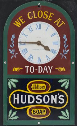 Advertising enamel clock HUDSONS SOAP WE CLOSE AT TO-DAY complete with moveable hands. Measures 10in