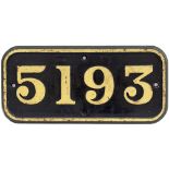 GWR cast iron cabside numberplate 5193 ex Collett 2-6-2 T built at Swindon in 1934. Allocated to