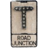 Road sign ROAD JUNCTION cast aluminium with glass reflectors and makers name Gowshall Limited. In