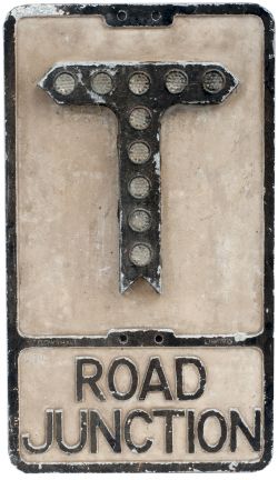 Road sign ROAD JUNCTION cast aluminium with glass reflectors and makers name Gowshall Limited. In