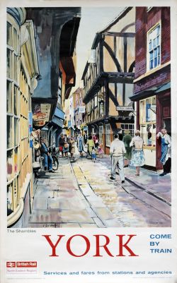 Poster BR(NE) YORK THE SHAMBLES COME BY TRAIN by A. Carr Linford. Double Royal 25in x 40in. In