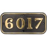GWR brass cabside numberplate 6017 ex Collett King 4-6-0 built at Swindon in 1928 and named King