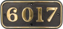 GWR brass cabside numberplate 6017 ex Collett King 4-6-0 built at Swindon in 1928 and named King