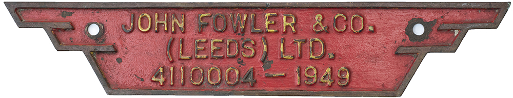 Worksplate JOHN FOWLER & CO (LEEDS) LTD 4110004 1949 ex Standard Gauge 0-4-0 D 411 Class supplied to