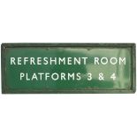 BR(S) enamel railway sign REFRESHMENT ROOM PLATFORMS 3 & 4. In very good condition with a couple