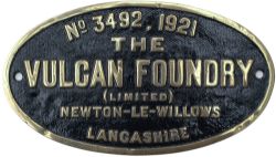 Worksplate THE VULCAN FOUNDRY LIMITED NEWTON-LE-WILLOWS LANCASHIRE No 3492 1921 ex Taff Vale Railway