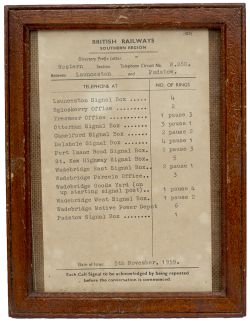 British Railways Southern Region signal box bell code notice dated 5th November 1959 for the section