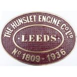 Worksplate THE HUNSLET ENGINE CO LEEDS No1809 - 1936 ex Standard Gauge 0-6-0 ST supplied to