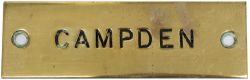 GWR machine engraved brass shelfplate CAMPDEN. In very good condition with original wax infill.