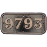 GWR cast iron cabside numberplate 9793 ex Collett 0-6-0 PT built at Swindon in 1936. Allocations