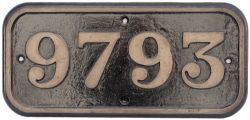 GWR cast iron cabside numberplate 9793 ex Collett 0-6-0 PT built at Swindon in 1936. Allocations