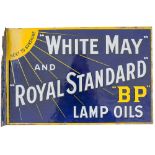 Advertising enamel sign WHITEMAY AND ROYAL STANDARD BP LAMP OILS. Double sided with wall mounting