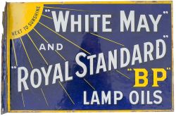 Advertising enamel sign WHITEMAY AND ROYAL STANDARD BP LAMP OILS. Double sided with wall mounting