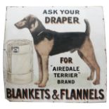 Advertising enamel sign ASK YOUR DRAPER FOR AIREDALE TERRIER BRAND BLANKETS & FLANNELS with a